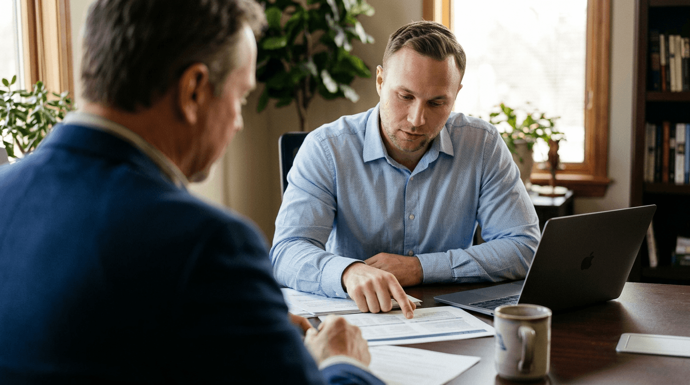 Consultant and business owner reviewing documents together at a conference table