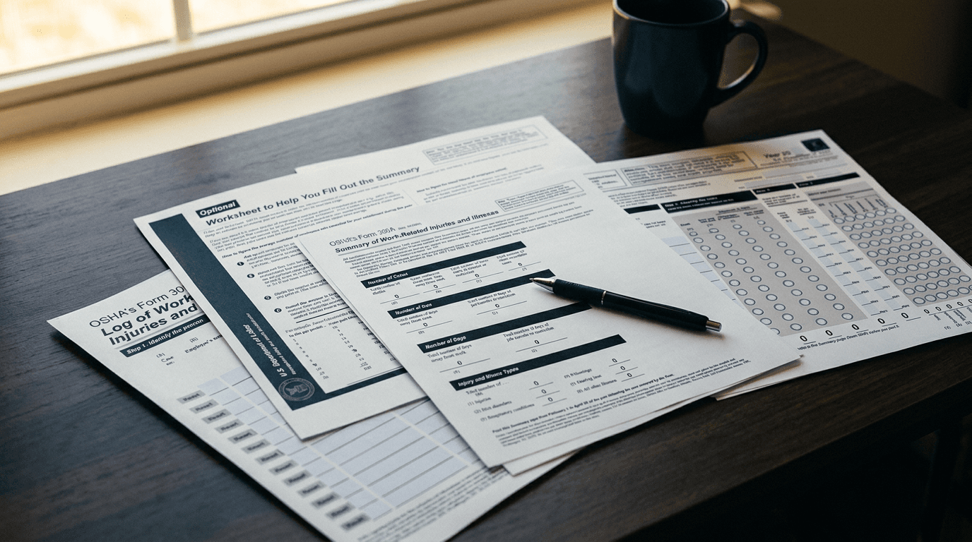 OSHA citation paperwork spread across a desk with a pen resting on the page